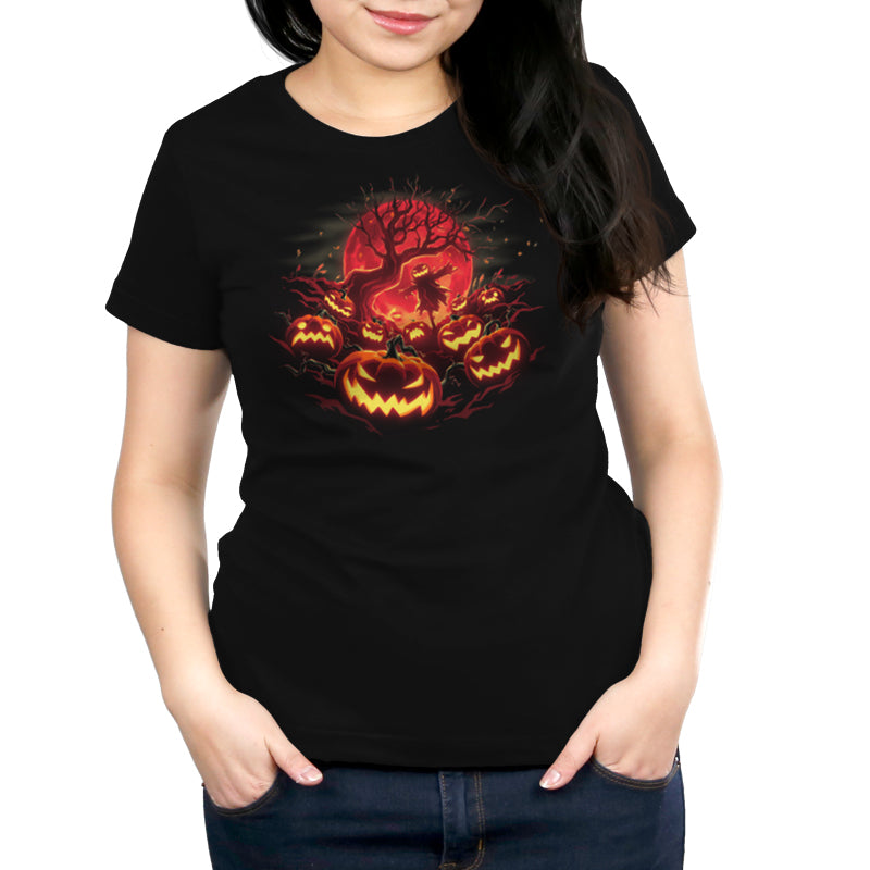 A black Haunted Pumpkin Patch t-shirt with a jack-o-lantern image for women by TeeTurtle.