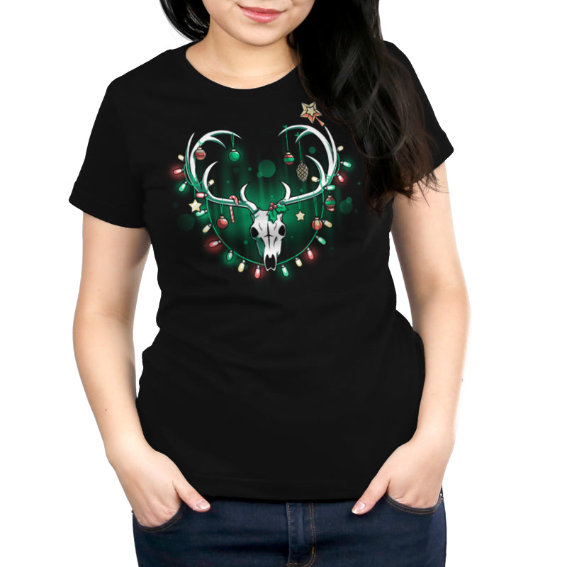 A Teeturtle women's black t-shirt with a deer skull and lights, perfect for Haunting Holidays.