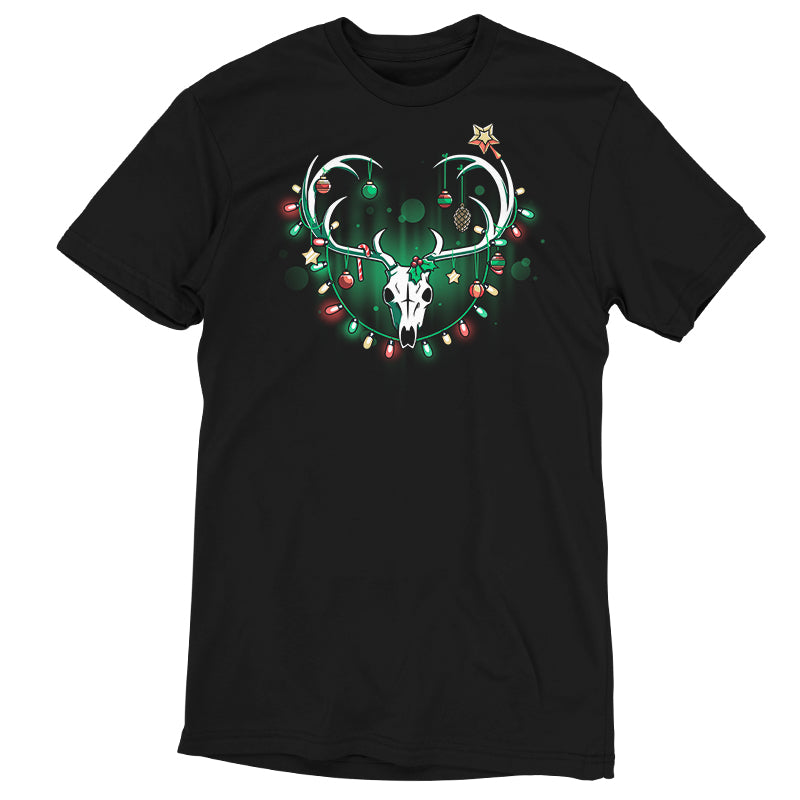 A black Haunting Holidays t-shirt with a deer head and Christmas lights by TeeTurtle.