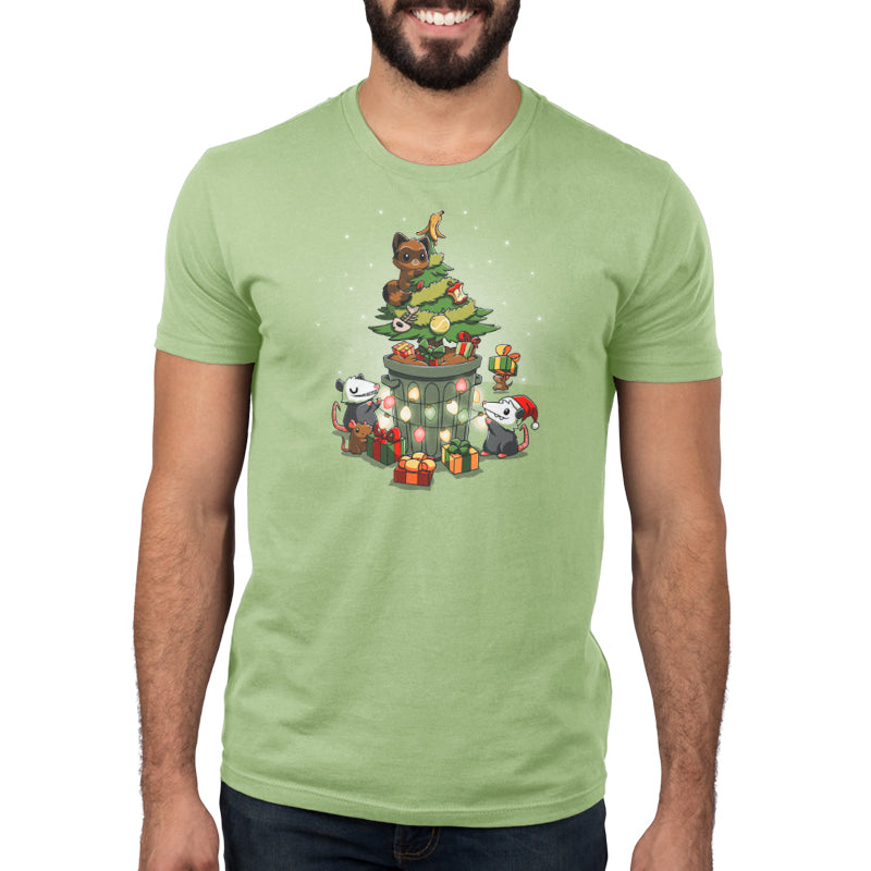 A man wearing a comfortable green TeeTurtle "Have Yourself a Trashy Little Christmas" t-shirt.