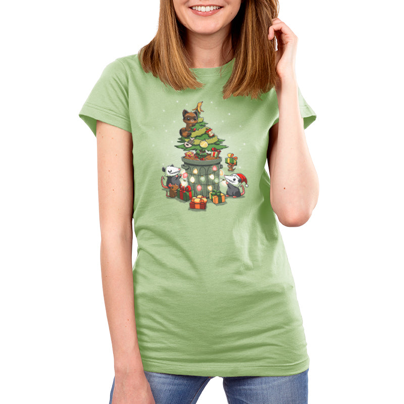 A comfortable women's green "Have Yourself a Trashy Little Christmas" T-shirt by TeeTurtle, featuring an image of a Christmas tree, perfect for embracing the holiday spirit.