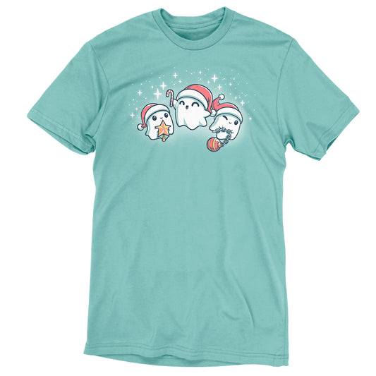 A comfortable turquoise T-shirt with three Holiday Spirits incorporated into its TeeTurtle Christmas-themed design.