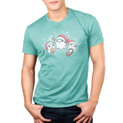 A man wearing a comfortable turquoise Holiday Spirits T-shirt with a Christmas-themed Santa hat from TeeTurtle.