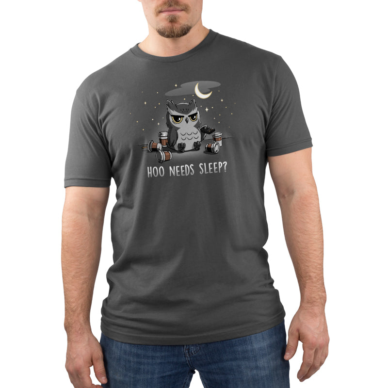 TeeTurtle Unisex tee featuring the slogan "Hoo Needs Sleep?" in charcoal gray.