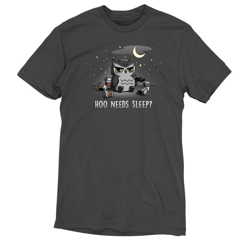 Premium Cotton T-shirt - A charcoal gray apparel featuring an illustration of an owl under a crescent moon, holding weights, with the text "Hoo Needs Sleep?". Made from super soft ringspun cotton is the **Hoo Needs Sleep?** by **monsterdigital**.