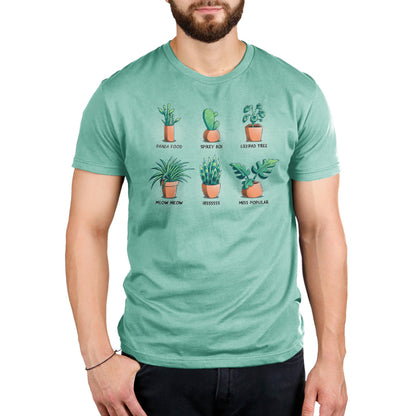 A man with a scientific green thumb wearing a TeeTurtle t-shirt adorned with Houseplant Nicknames.