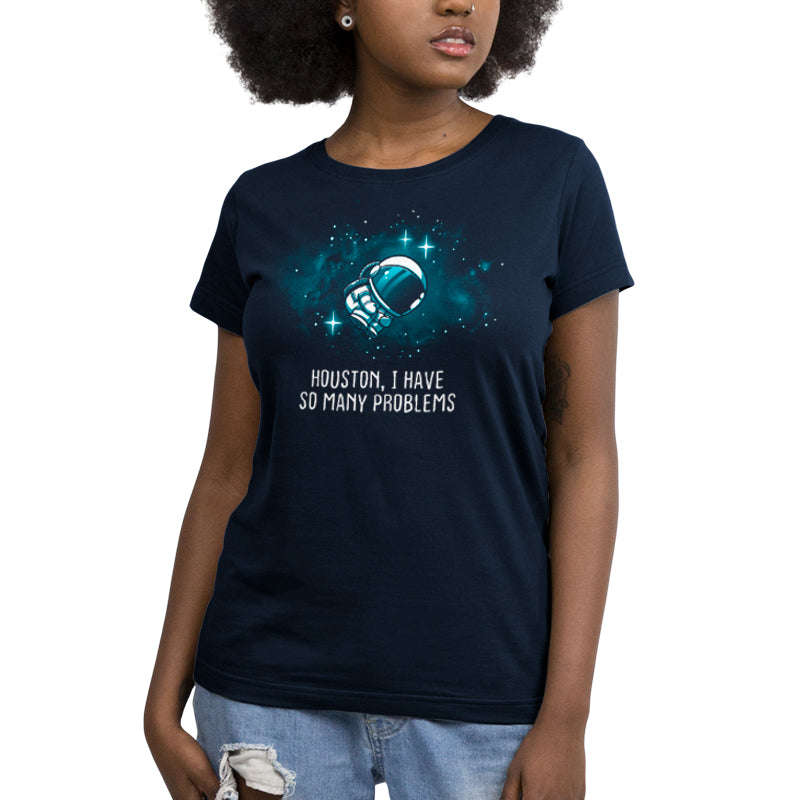 A woman wearing a t-shirt from TeeTurtle that says "i love space projects" in Houston, Houston, I Have So Many Problems.
