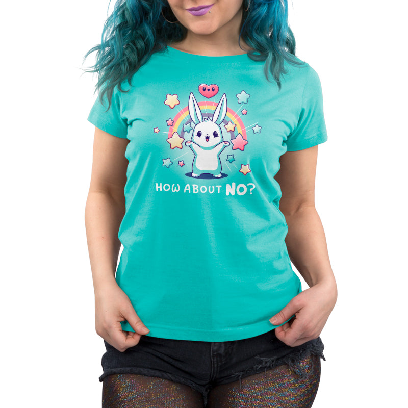 A woman wearing a teal t-shirt with a bunny on it, creating a TeeTurtle original called the "How About No?" by TeeTurtle.