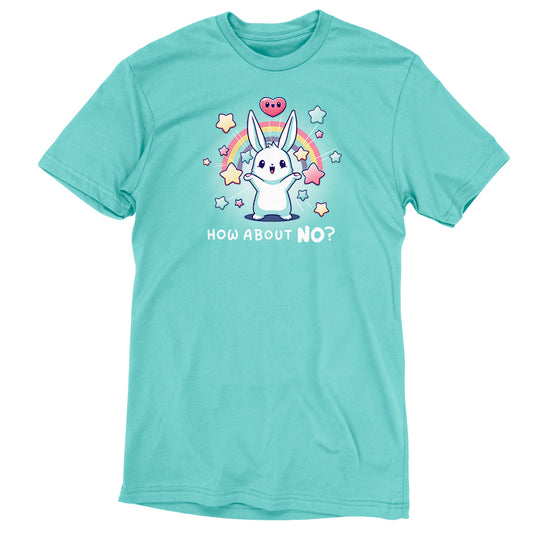 A teal t-shirt with a bunny and rainbows on it, perfect for casual comfort, called 