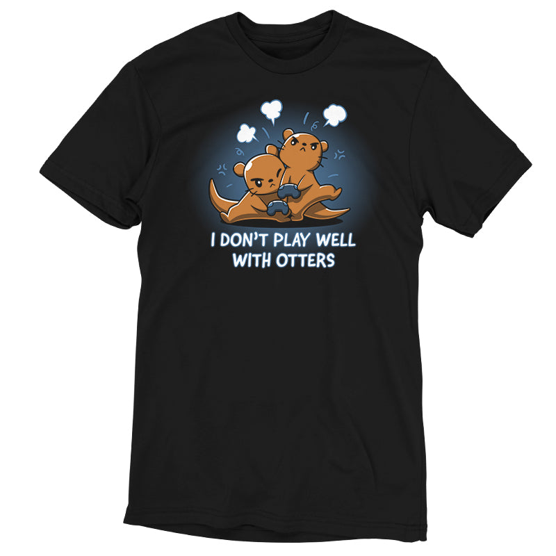 A black t-shirt with cartoon animals, including otters, on it - The "I Don't Play Well with Otters" t-shirt by TeeTurtle.