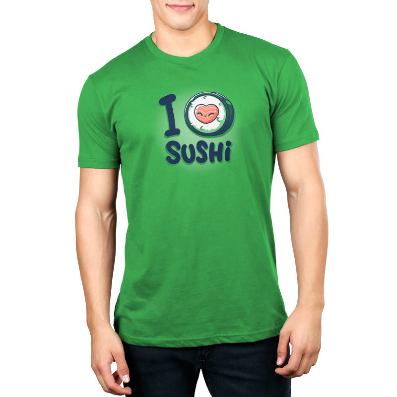 Premium Cotton T-shirt_Teeturtle I Heart Sushi Apple Green Featuring a little cartoon sushi roll with the center of it forming a heart and I <3 Sushi as the text.