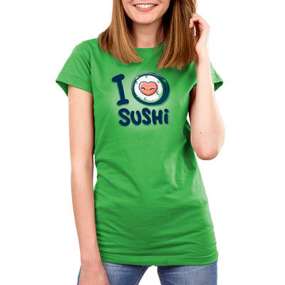 Premium Cotton T-shirt_Teeturtle I Heart Sushi Apple Featuring a little cartoon sushi roll with the center of it forming a heart and I <3 Sushi as the text.