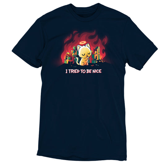 A navy blue T-shirt made from super soft ringspun cotton features an illustration of a smirking cat with a halo, surrounded by flames, and the text 