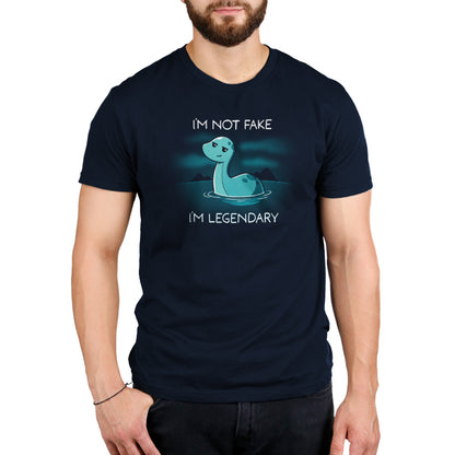 Man wearing a super soft ringspun cotton, dark shirt with a graphic of the loch ness monster and the phrase "I'm not fake, I'm legendary" from TeeTurtle.