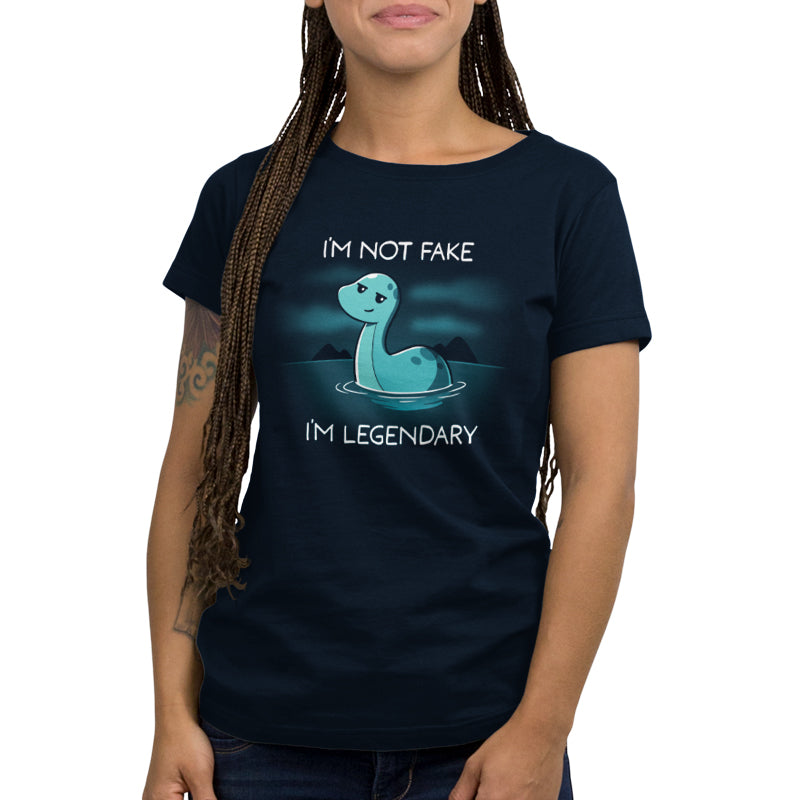 A person wearing a navy blue unisex tee with a cartoon seal and the text "I'm not fake, I'm legendary," made from super soft ringspun cotton by TeeTurtle.