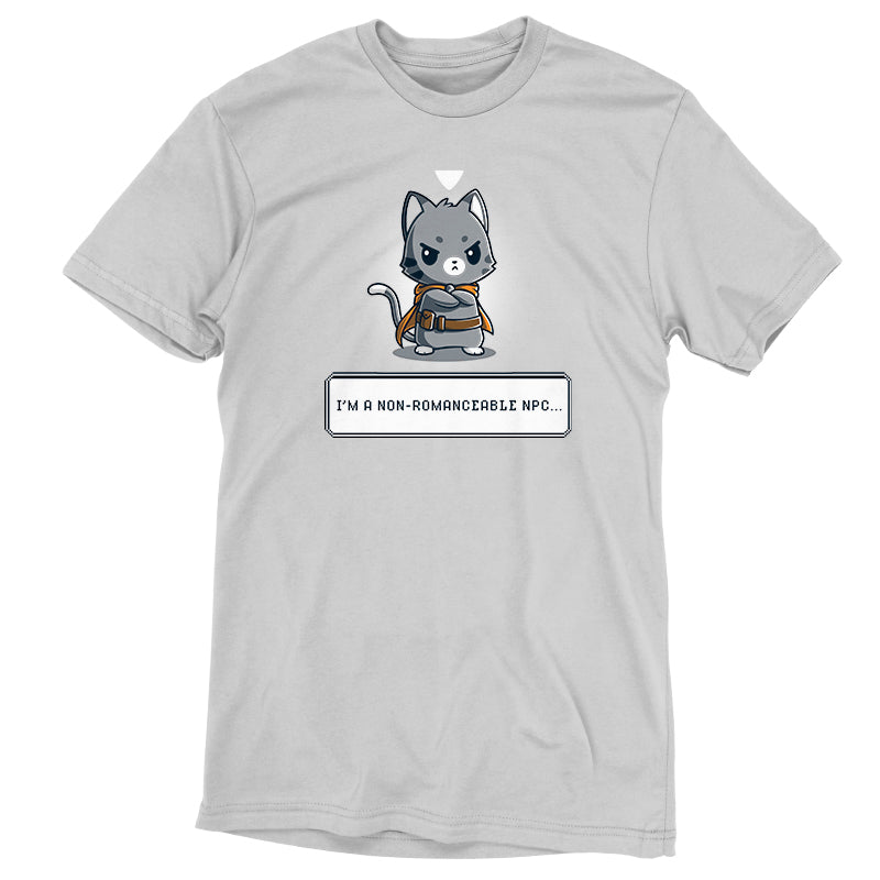 A love quest themed gray Men's T-shirt with an image of a cat holding a tablet, called "I'm a Non-Romanceable NPC" by TeeTurtle.