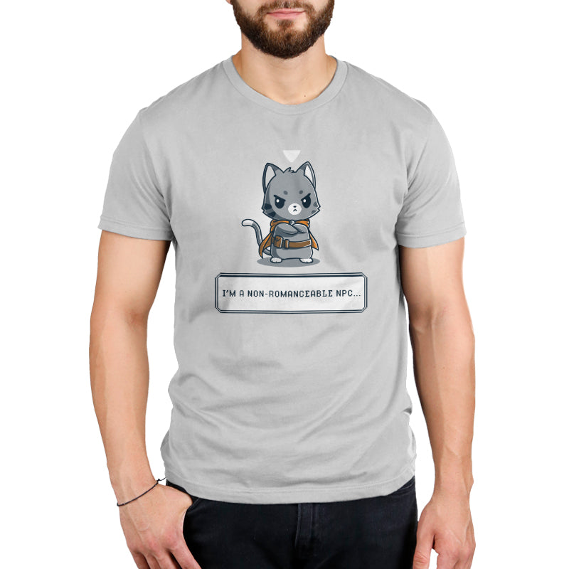 A man wearing a I'm a Non-Romanceable NPC T-shirt by TeeTurtle with a cat on it.