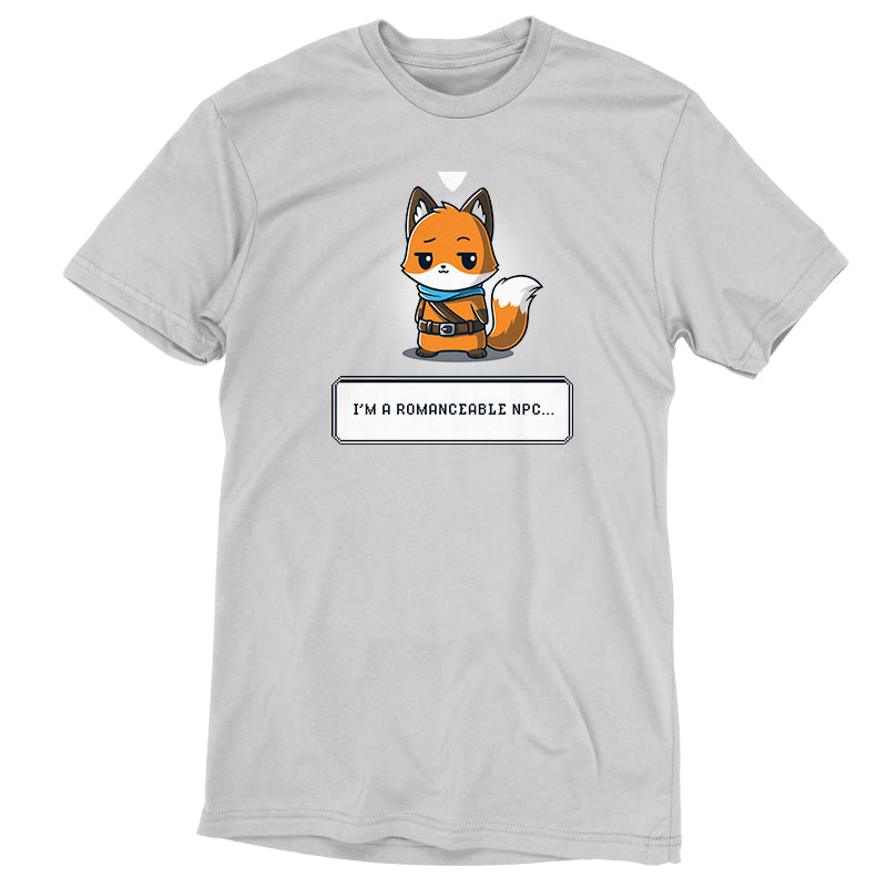 A super soft grey T-shirt featuring an image of the "I'm a Romanceable NPC" fox donning a scarf, by TeeTurtle.