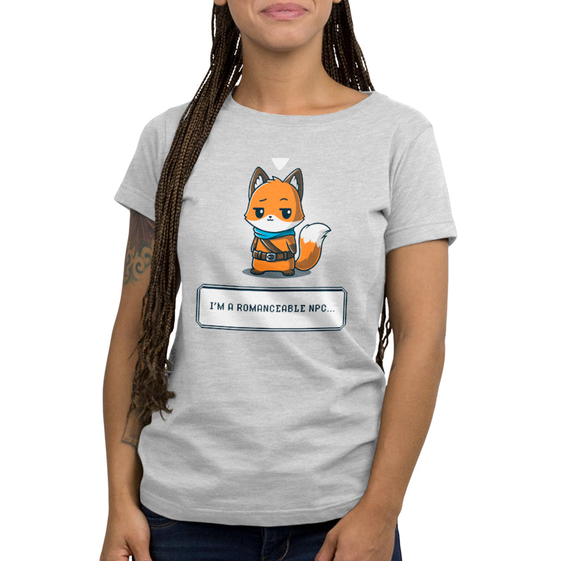 A women's T-shirt featuring a cute fox design, made from super soft ringspun cotton, called "I'm a Romanceable NPC" from the brand TeeTurtle.