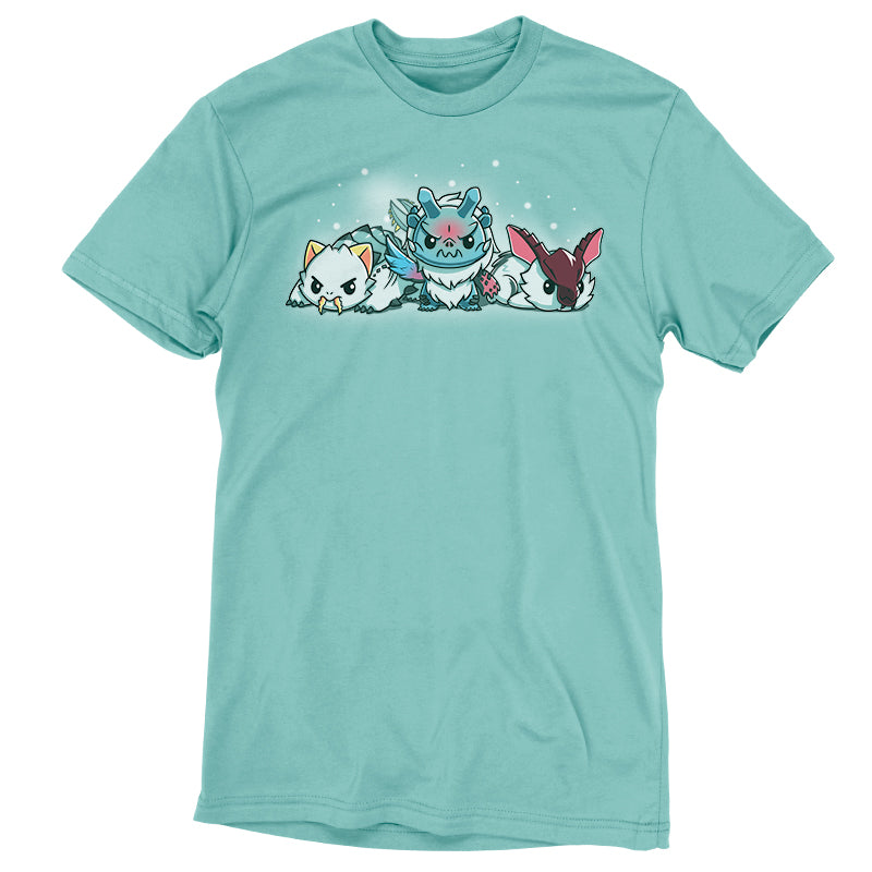 Officially licensed Monster Hunter teal t-shirt featuring two dogs from the Ice Monsters game.