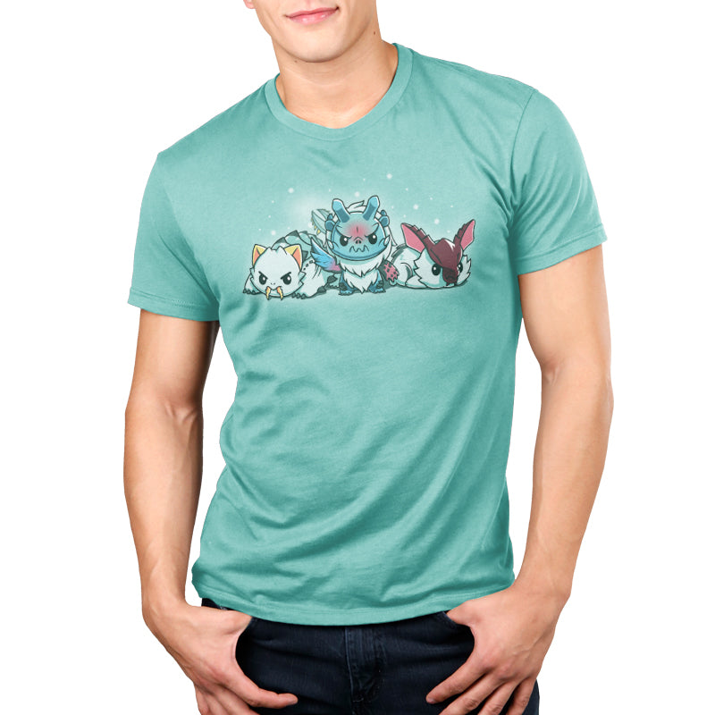 An officially licensed Monster Hunter enthusiast is spotted wearing a turquoise t-shirt adorned with two cats, showcasing his passion for the thrilling world of Monster Hunter Ice Monsters.