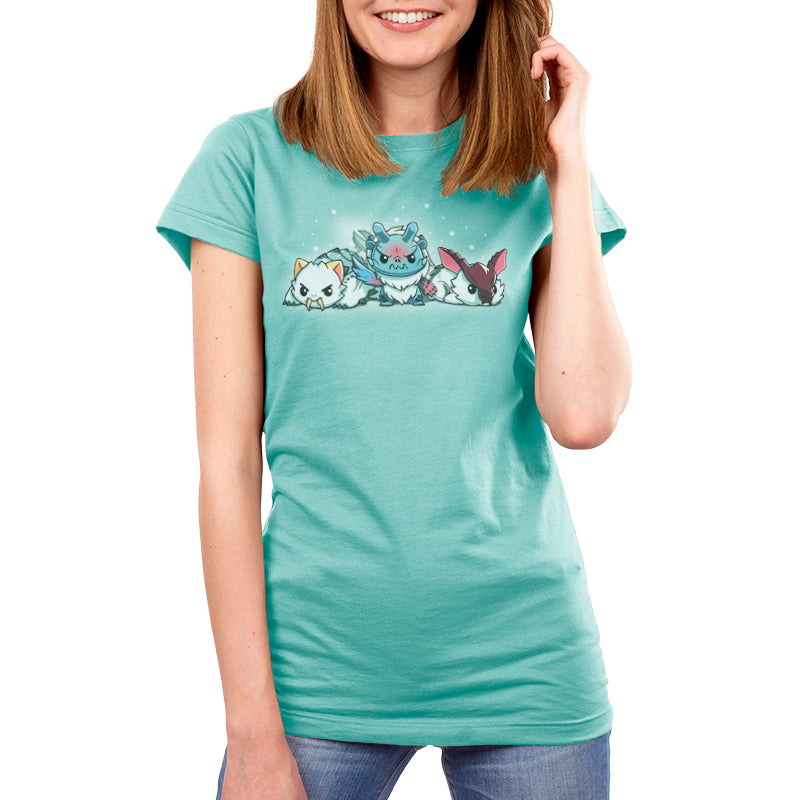 An officially licensed women's t-shirt with a Monster Hunter Ice Monsters cartoon character print.