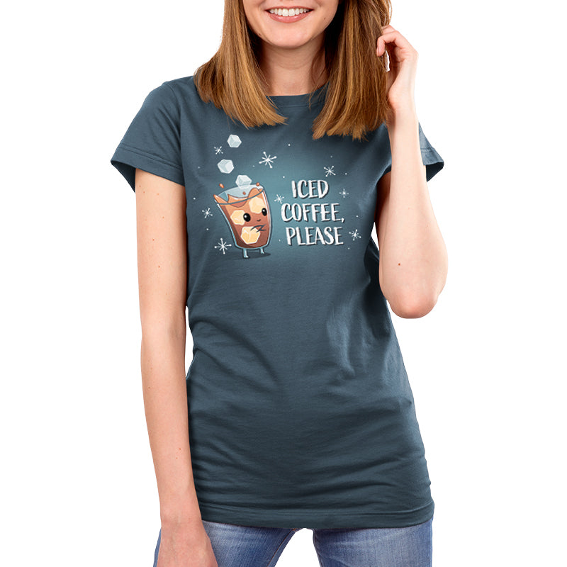 A woman wearing an Iced Coffee, Please-themed cotton t-shirt from TeeTurtle.
