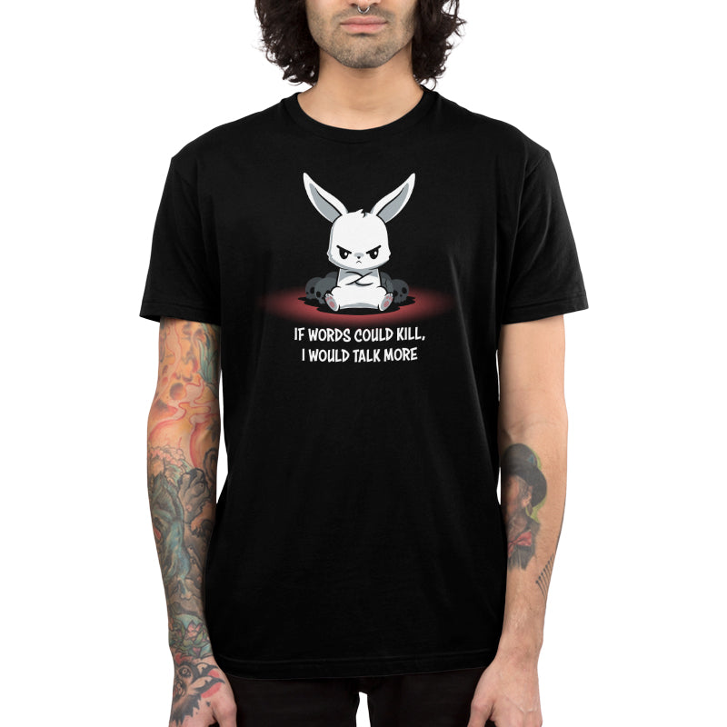A man with long hair wearing a black cotton t-shirt with a cartoon bunny on it from TeeTurtle's If Words Could Kill collection.