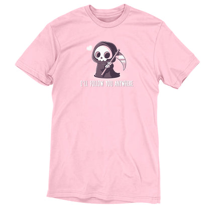 Premium Cotton T-shirt_TeeTurtle I'll follow you anywhere pink t-shirt featuring a grim reaper holding a scythe.