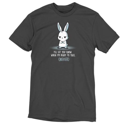 A charcoal gray t-shirt featuring a graphic of a grumpy white rabbit and the text, 