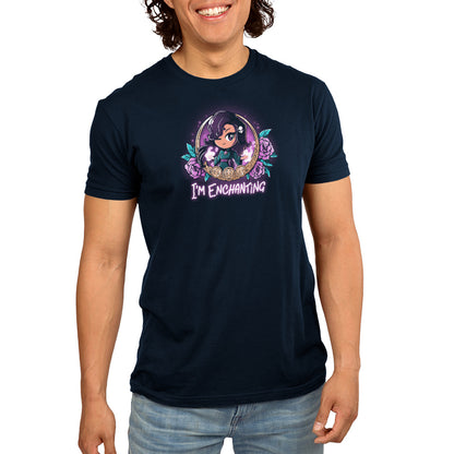 A man wearing a TeeTurtle navy blue t-shirt that says,'I'm Enchanting', is charming.