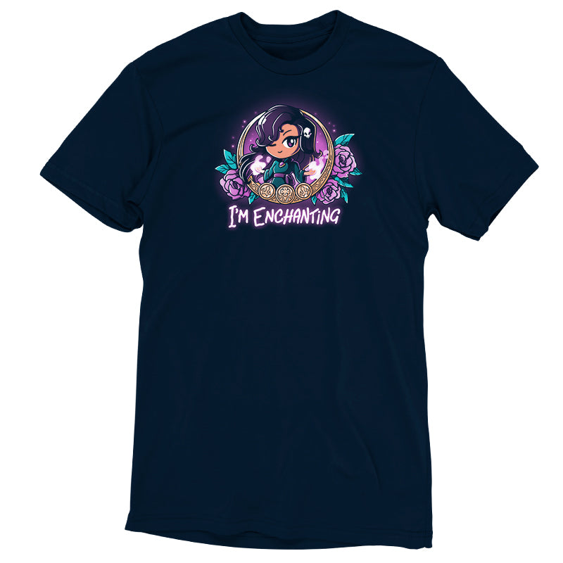 An I'm Enchanting t-shirt featuring a girl with a flower on a navy blue background by TeeTurtle.