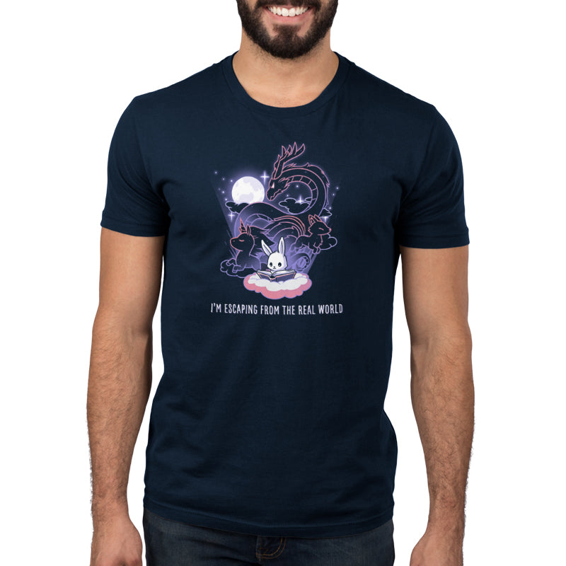 A man wearing a TeeTurtle Navy Blue T-shirt that says, "I'm Escaping from the Real World," escaping from the real world.