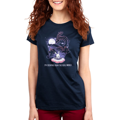 A woman wearing a navy blue t-shirt with the words "I'm Escaping from the Real World" by TeeTurtle.