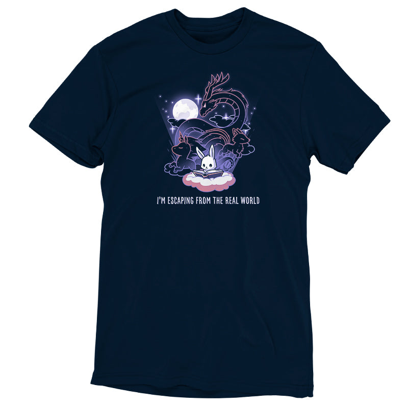 An "I'm Escaping from the Real World" TeeTurtle navy blue t-shirt featuring a cat and moon design, perfect for escaping from the real world.