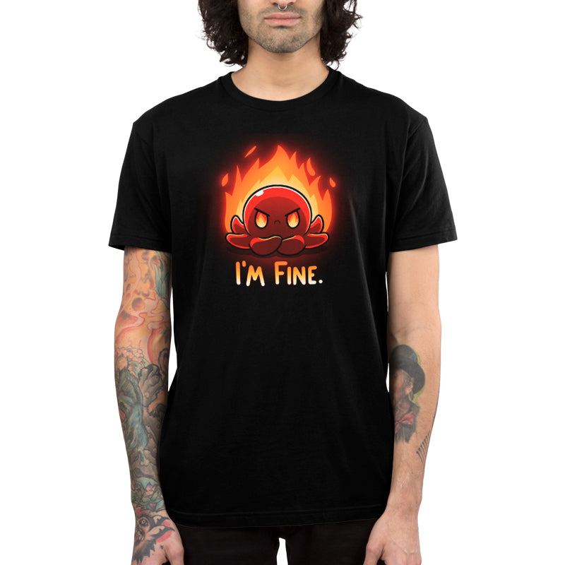 A casual black TeeTurtle t-shirt that says "I'm Fine.