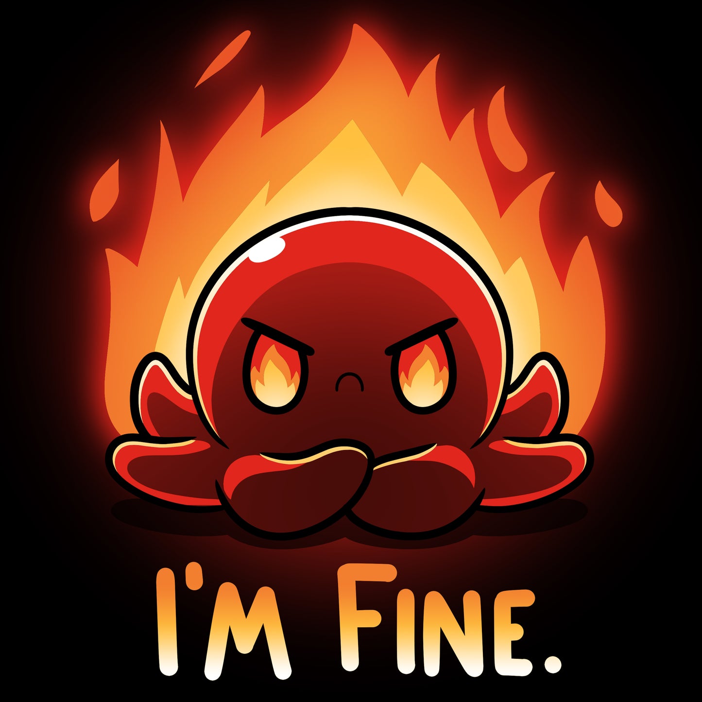 A red octopus with the words "I'm Fine" wearing a black TeeTurtle t-shirt.