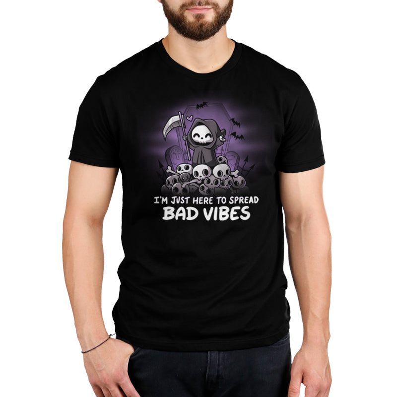An "I'm Just Here to Spread Bad Vibes" t-shirt by TeeTurtle, featuring a skull design, emitting bad vibes.