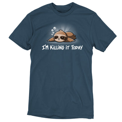 A super soft TeeTurtle sloth T-shirt in denim blue with the phrase "I'm Killing It Today.