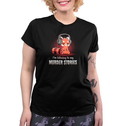 A woman wearing a TeeTurtle Murder Stories t-shirt.