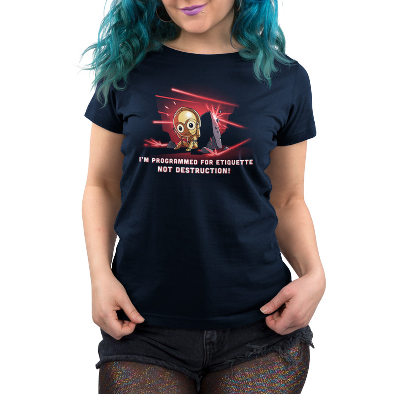 A woman wearing a black "I'm Programmed For Etiquette Not Destruction!" Star Wars T-shirt.