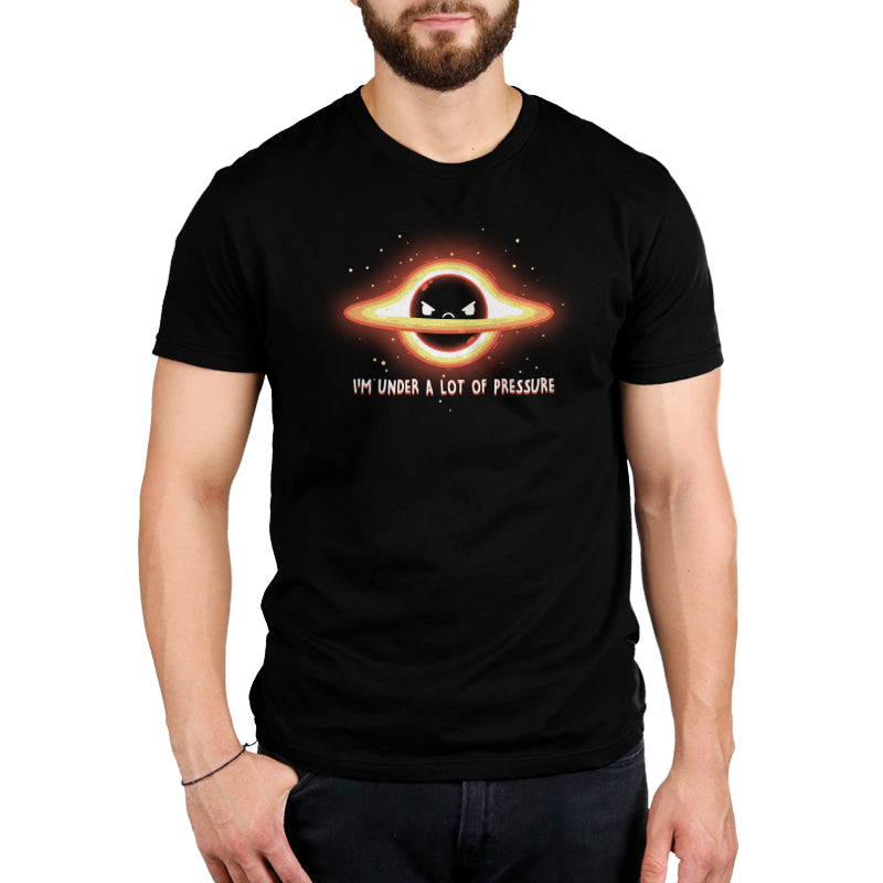 A man wearing a black t-shirt with a sun on it, feeling stressed and under I'm Under a Lot of Pressure by TeeTurtle.