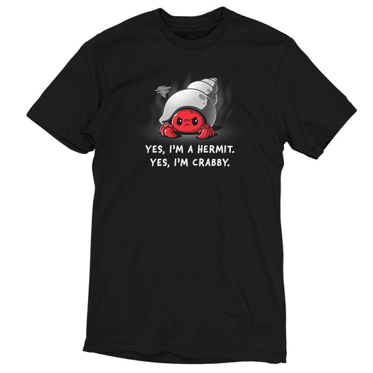 A crabby I'm a Hermit black t-shirt that says, yes i'm a nerd, yes i'm a geek. (Brand Name: TeeTurtle)