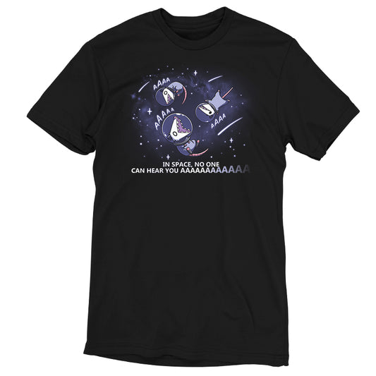 Black t-shirt with a graphic of an astronaut and alien screaming in space, text reads 