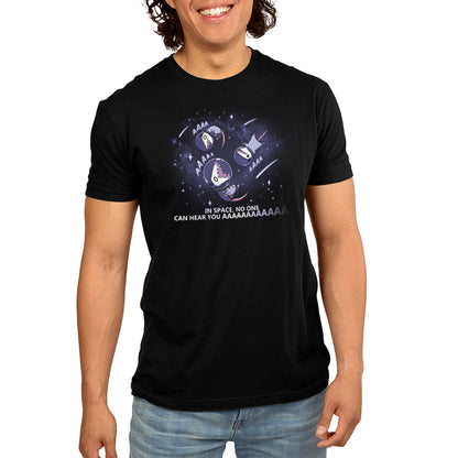 Person in a black TeeTurtle Women's T-shirt with the humorous space-themed print "In Space, No One Can Hear You AAAAAA," showing astronauts and the text, made of super soft ringspun cotton.