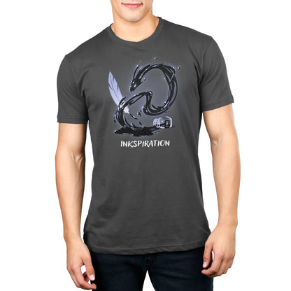 A man in an Inkspiration dragon-print gray TeeTurtle t-shirt.