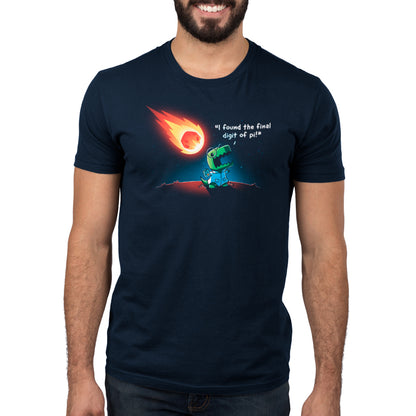 A man wearing a navy blue Irrational Discovery T-shirt with an image of a rocket on it by TeeTurtle.
