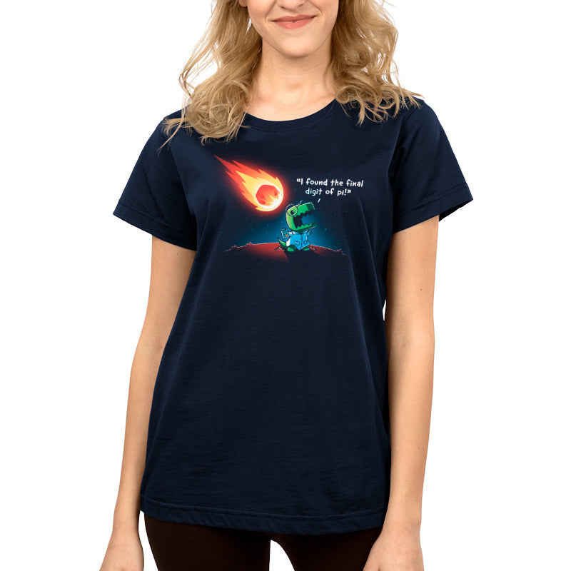 An Irrational Discovery navy blue women's T-shirt featuring an image of a woman on the moon by TeeTurtle.