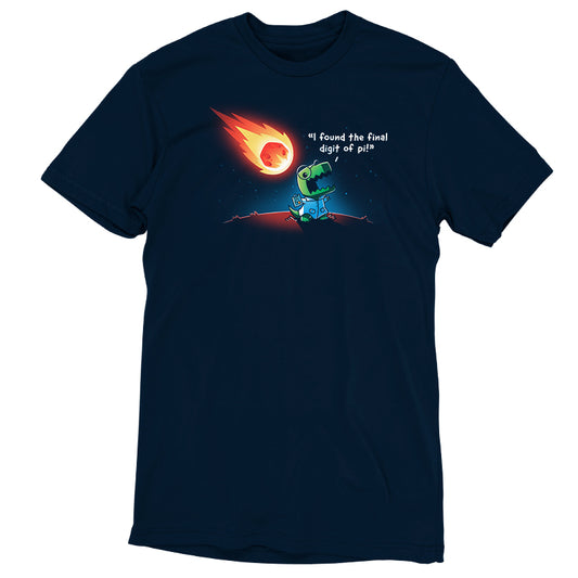 A navy blue Irrational Discovery t-shirt featuring an image of a spaceship with a rocket on it, from TeeTurtle.