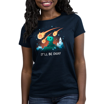 A woman wearing a navy blue t-shirt that says "It'll Be Okay" by TeeTurtle.
